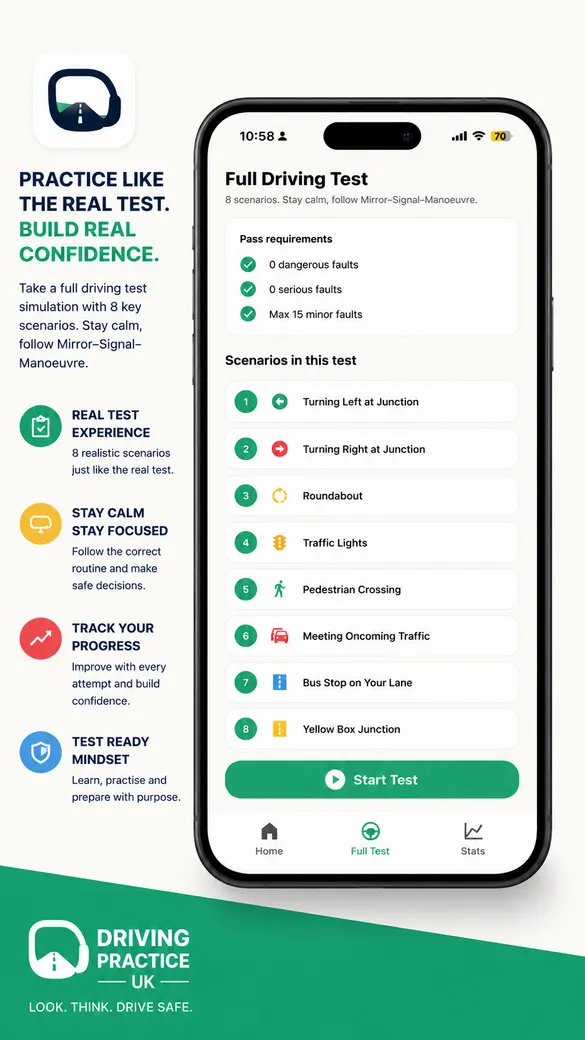 Full driving test screen in the Driving Practice UK app